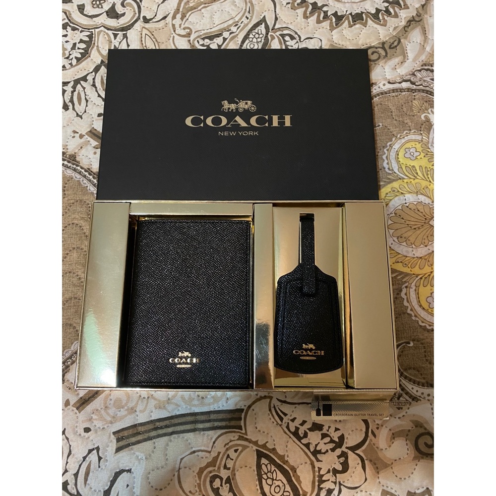 Coach Black Glitter Passport Wallet & Luggage Tag